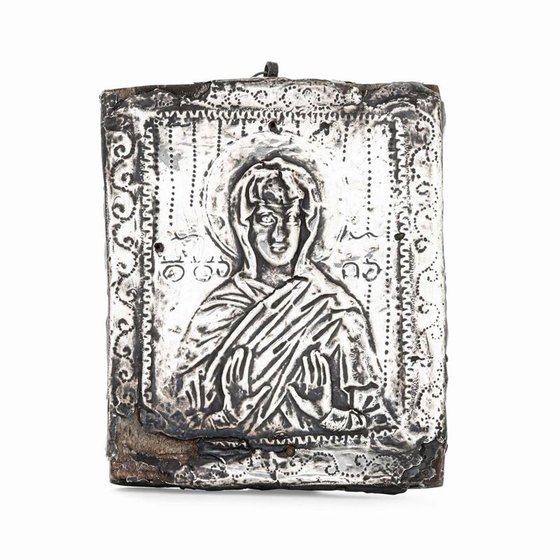 La Vergine Orante. Lamina d’argento sbalzato e cesellato su supporto ligneo. Georgia XI secolo  - Auction Collectors' Silvers - I - Cambi Casa d'Aste