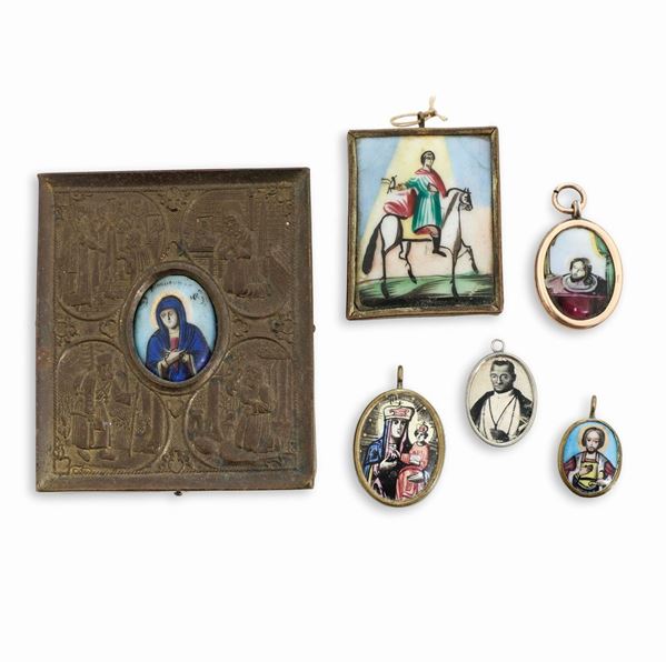 Sei placchette e pendenti su porcellana smaltata. Arte ortodossa del XIX-XX secolo
