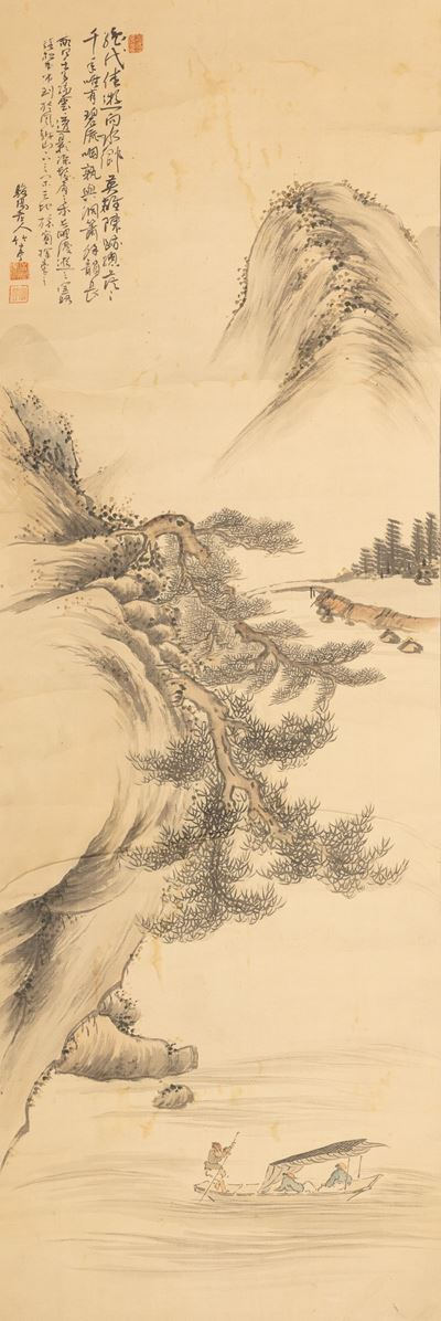 Dinastia Qing, Paesaggio montano con personaggi e iscrizioni, dipinto su carta (XIX secolo)
