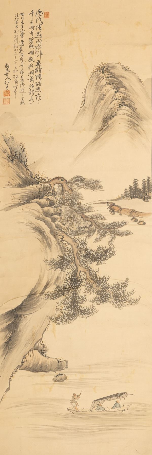Dipinto su carta raffigurante paesaggio montano, personaggi e iscrizioni, Dinastia Qing, XIX secolo