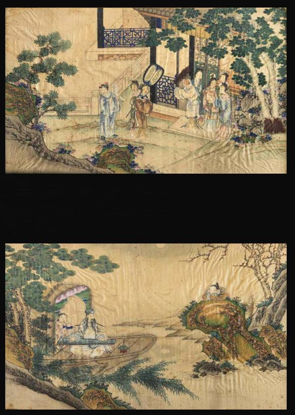 Coppia di dipinti su seta a decoro paesaggistico con scene di vita comune, Cina, Dinastia Qing, epoca Qianlong (1736-1796) 