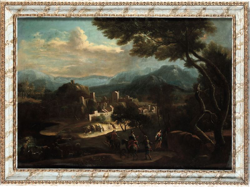 Scuola veneta del XVIII secolo Paesaggio con pastori e soldati  - olio su tela - Asta Pittura Antica - Cambi Casa d'Aste