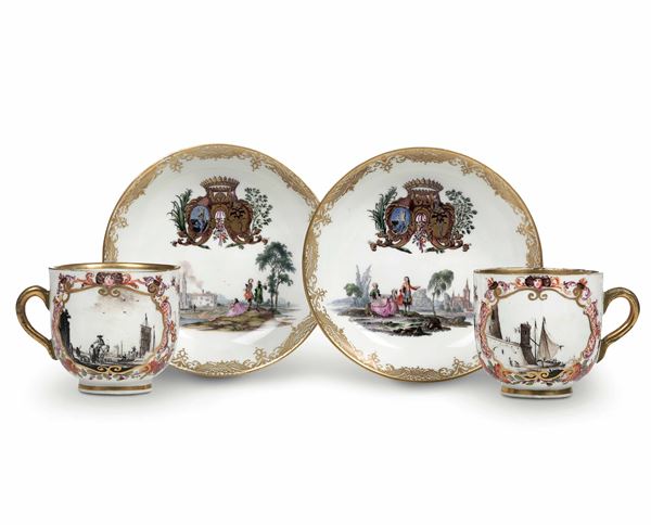 Pair of saucers with Pisani-Gambara coat of arms and a pair of cups Meissen, circa 1750-1755