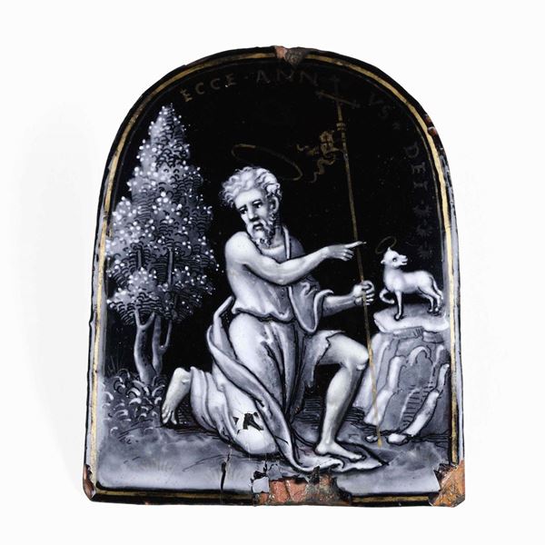 S. Giovanni Battista. Placca centinata in rame dipinto con smalti “en grisaille”. Ambito di Pierre Reymond (1513 - 1584). Limoges, Francia XVI secolo