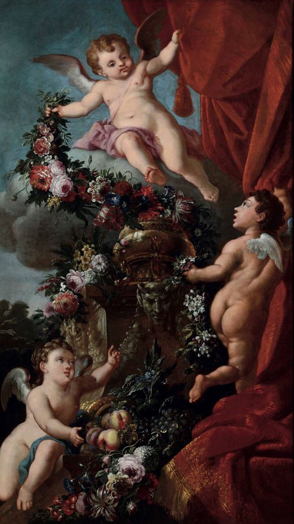 Scuola napoletana del XVIII secolo Natura morta con putti e composizione di fiori e frutti