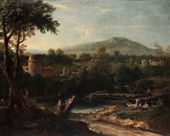 Francesco Zuccarelli (1702 - 1778) Paesaggio fluviale con pastori e armenti