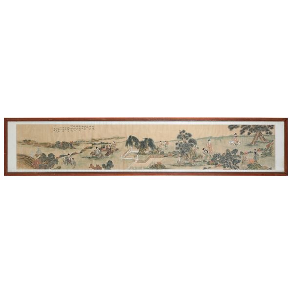 Scroll su carta con scene di vita comune entro paesaggio, Cina, XX secolo