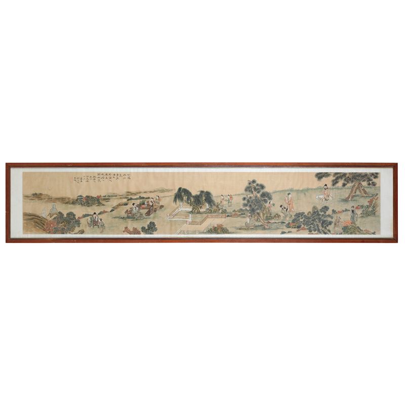 Scroll su carta con scene di vita comune entro paesaggio, Cina, XX secolo  - Asta Fine Chinese Works of Art - Cambi Casa d'Aste