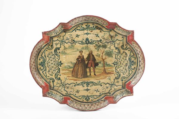 Vassoio in legno laccato e decorato ad arte povera. Venezia, XVIII-XIX secolo