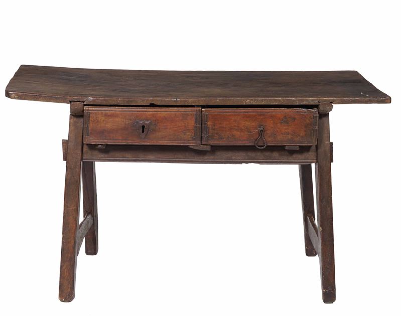 Tavolo rustico in legno a due cassetti  - Asta Antiquariato Aprile - Cambi Casa d'Aste