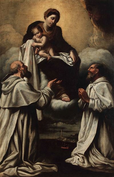Scuola Genovese del XVII Secolo Gesù e Maria Donano il Manto ai Santi Felice di Valois e Giovanni...