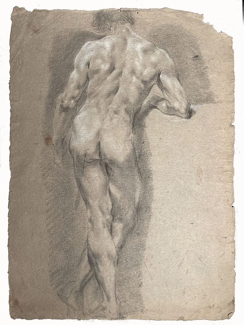 Francesco Monti : Nudo virile di spalle  - matita nera e bianca su carta - Asta Old Masters - Cambi Casa d'Aste