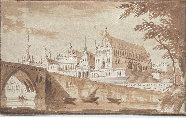 Scuola dell’inizio del XIX secolo Veduta di fantasia con palazzo