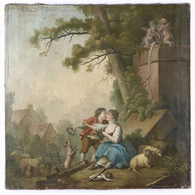 Scuola del XVIII Secolo Paesaggio con Scena Galante