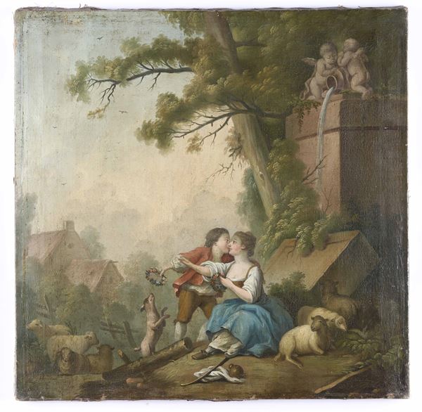 Scuola del XVIII secolo Paesaggio con scena galante