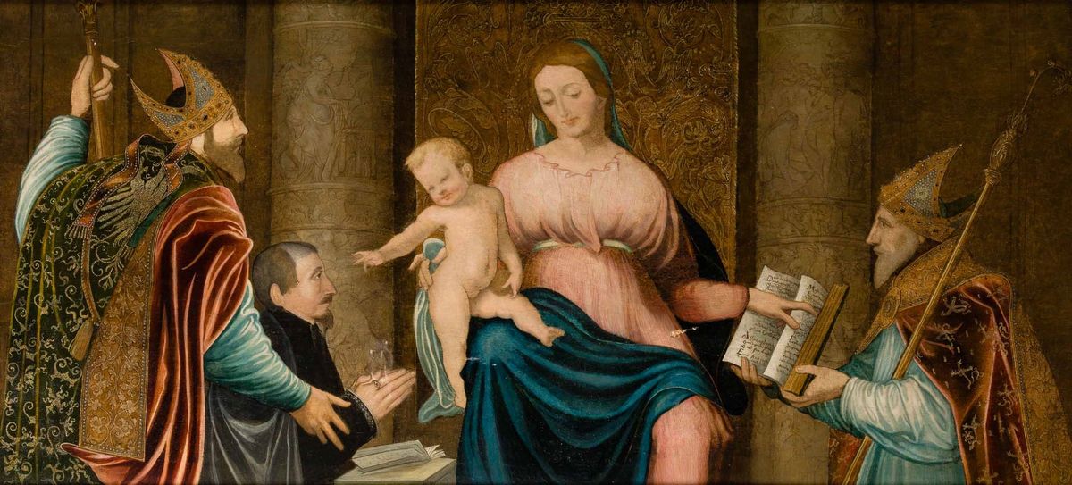 Scuola Veneta del XVI Secolo Sacra Conversazione con Santi e Ritratto di Committente
