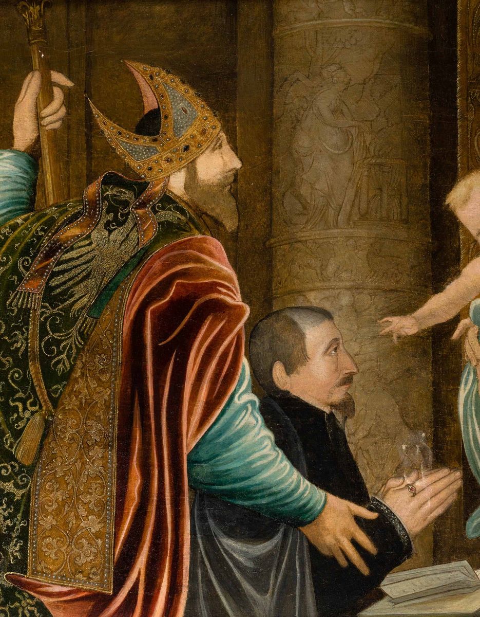Scuola Veneta del XVI Secolo Sacra Conversazione con Santi e Ritratto di Committente