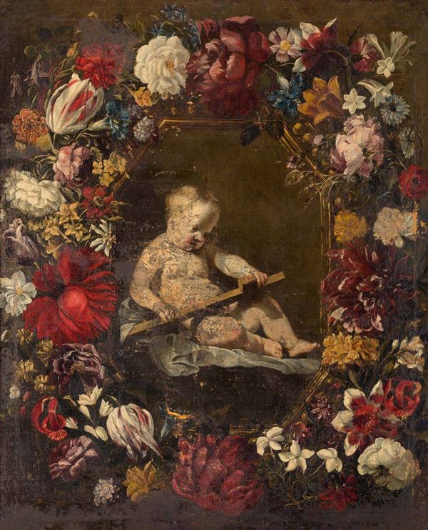 Artista fiammingo attivo a Roma nel XVII secolo Gesù Bambino entro ghirlanda di fiori