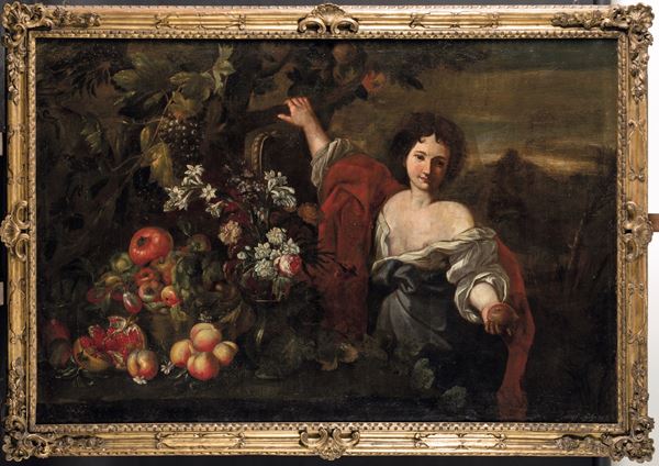 Figure femminili con composizioni di fiori e frutti