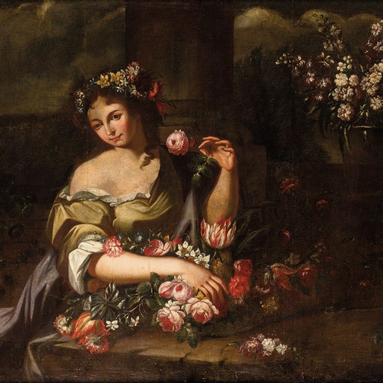 Abraham Brueghel - Figure Femminili con Composizioni di Fiori e Frutti