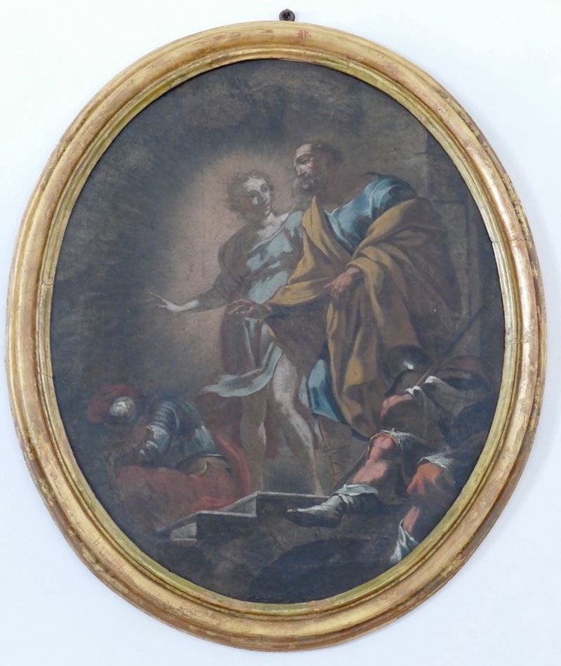 Scuola del XVII secolo Liberazione di San Pietro  - olio su tela ovale - Asta Dipinti Antichi - Cambi Casa d'Aste