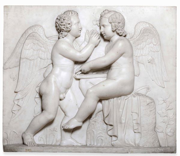 Eros e Anteros. Rilievo in marmo bianco. Firmato Bienaimé. Probabilmente Luigi Bienaimé (Carrara 1795-1878)