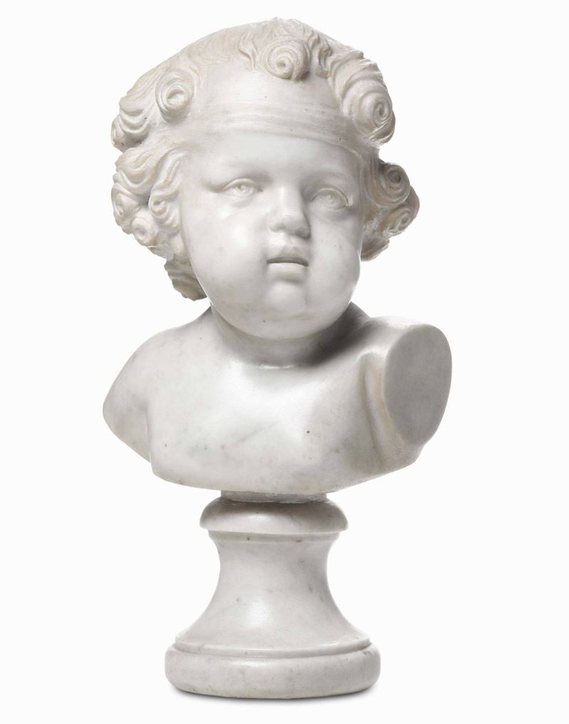 Busto di fanciullo all'antica. Marmo bianco. Scultore barocco del XVIII secolo  - Asta Scultura e Oggetti d'Arte - Cambi Casa d'Aste
