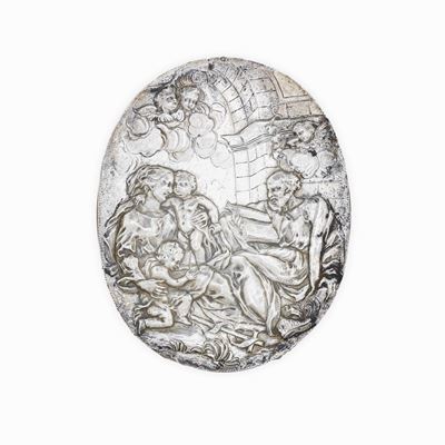Placca Devozionale con Sacra Famiglia e San Giovannino. Argenteria Italiana del XVIII-XIX Secolo....