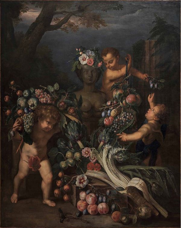 Scuola del XVII secolo Natura morta con composizioni di fiori e putti