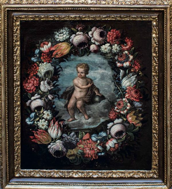 Scuola romana del XVII secolo Cristo fanciullo con globo entro ghirlanda di fiori