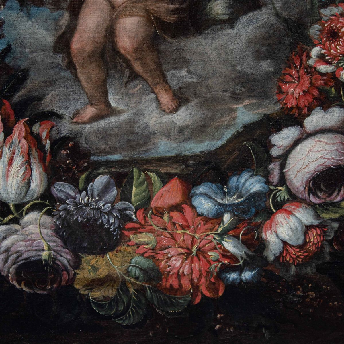 Scuola Romana del XVII Secolo Cristo Fanciullo con Globo Entro Ghirlanda di Fiori