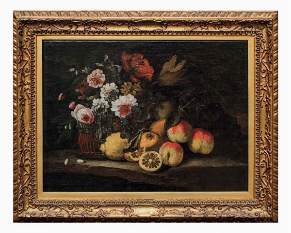 Scuola del XVIII secolo Natura morta con frutta, limoni e fiori