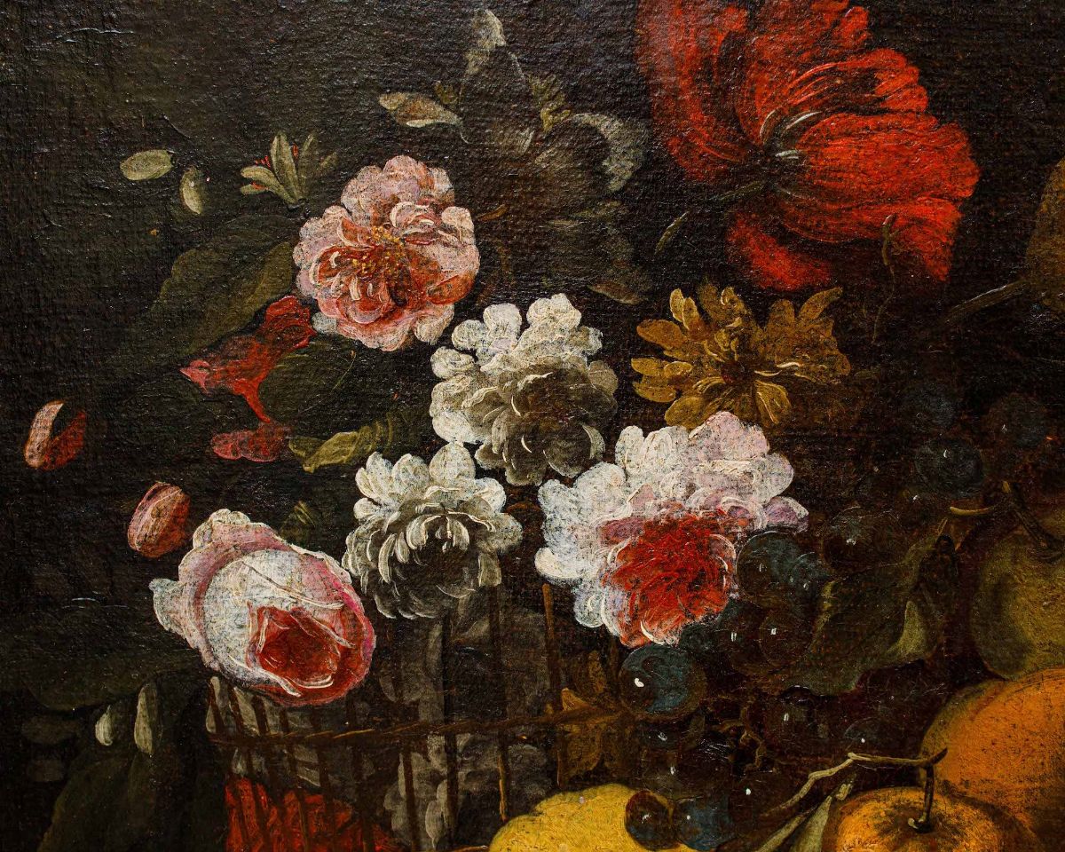 Scuola del XVIII Secolo Natura Morta con Frutta, Limoni e Fiori