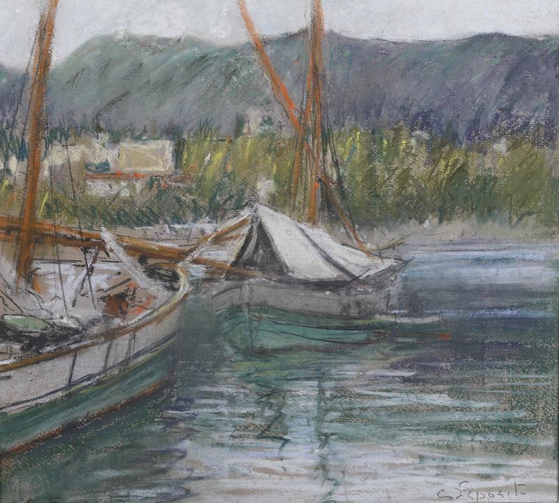 Esposito Lago con barche  - pastelli e matite su cartoncino - Asta Dipinti del XIX e XX secolo - Cambi Casa d'Aste