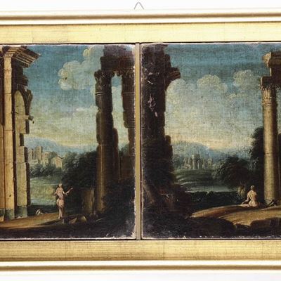 Scuola del XVIII Secolo Capricci con Rovine Architettoniche e Figure