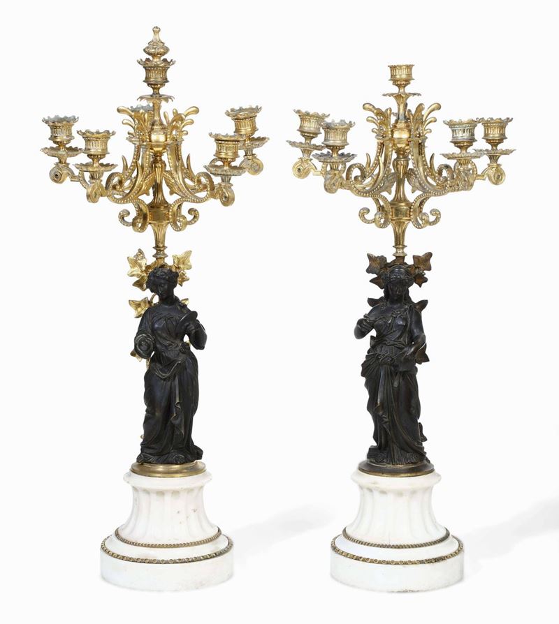 Coppia di candelabri a sei luci in bronzo patinato e dorato e marmo. XIX secolo  - Auction Antique January - Cambi Casa d'Aste