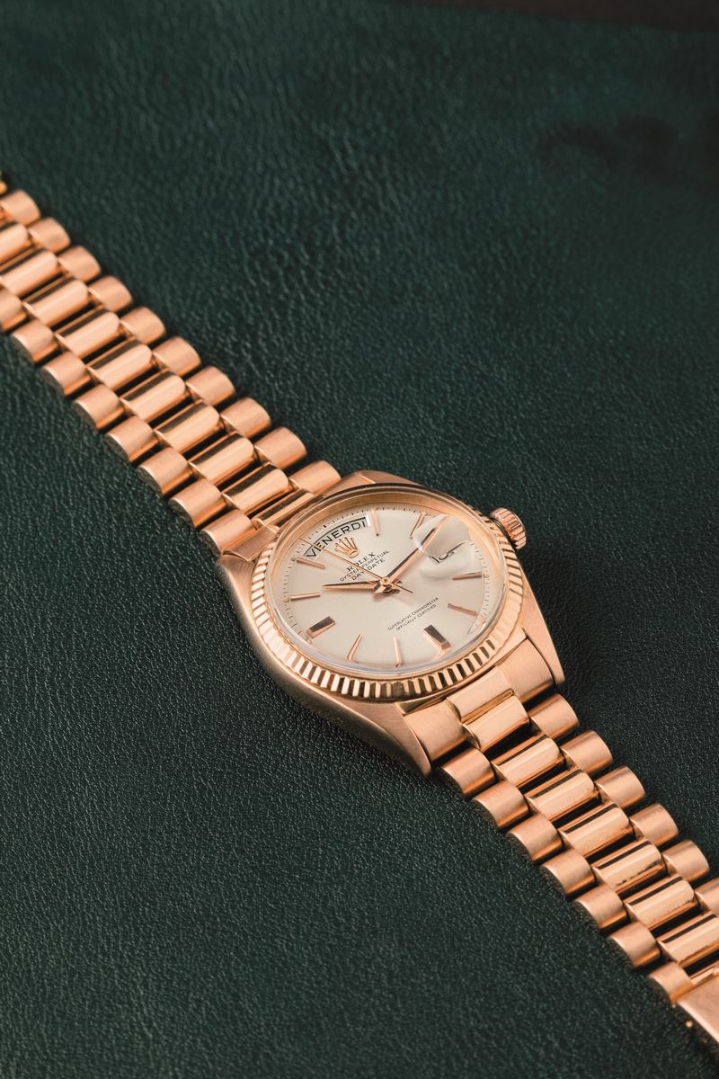 Rolex - Daydate 1803 in Oro Rosa 18k "step Dial" Argentè con Indici Applicati, Ghiera Zigrinata, ...