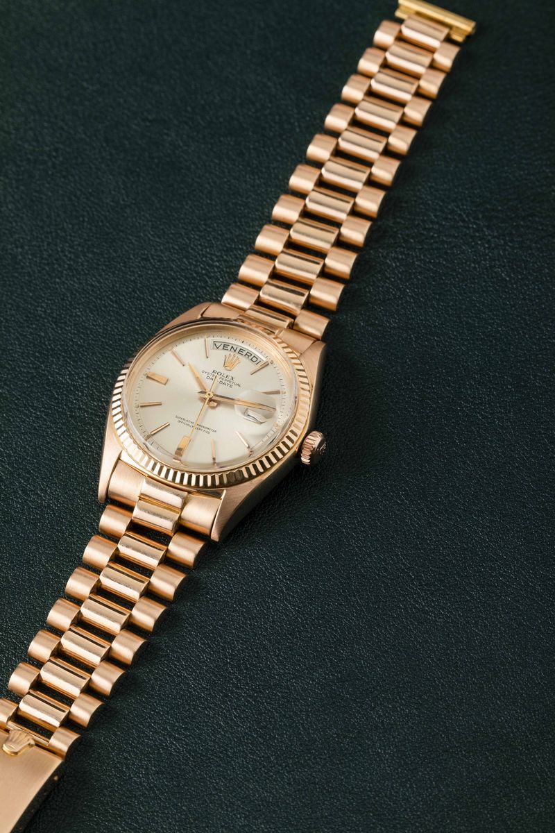 Rolex - Daydate 1803 in Oro Rosa 18k "step Dial" Argentè con Indici Applicati, Ghiera Zigrinata, ...