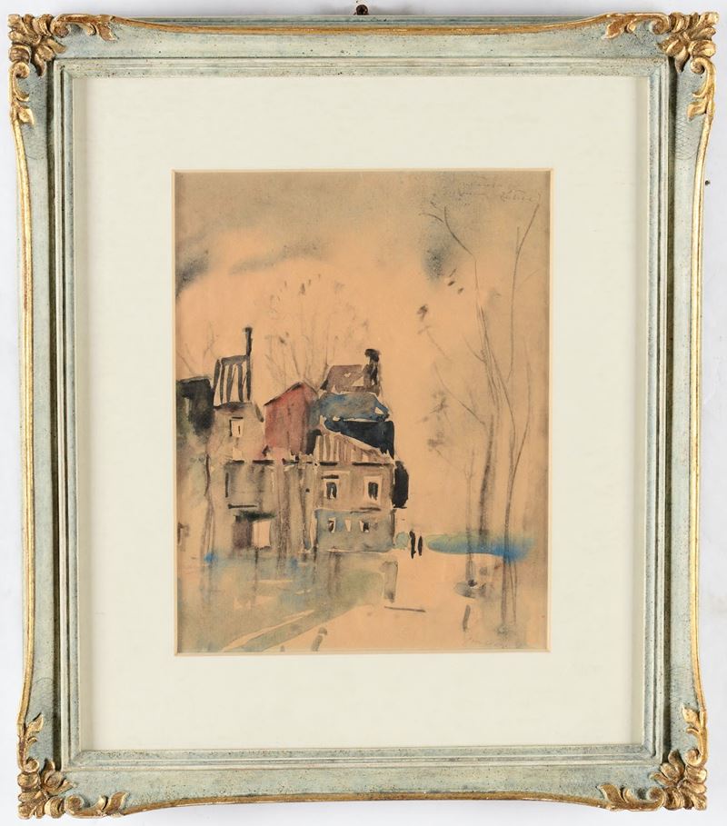 Alfredo Müller (1869 - 1939), attribuito a Veduta di case  - acquerello su carta - Auction 19th Century Paintings - Cambi Casa d'Aste