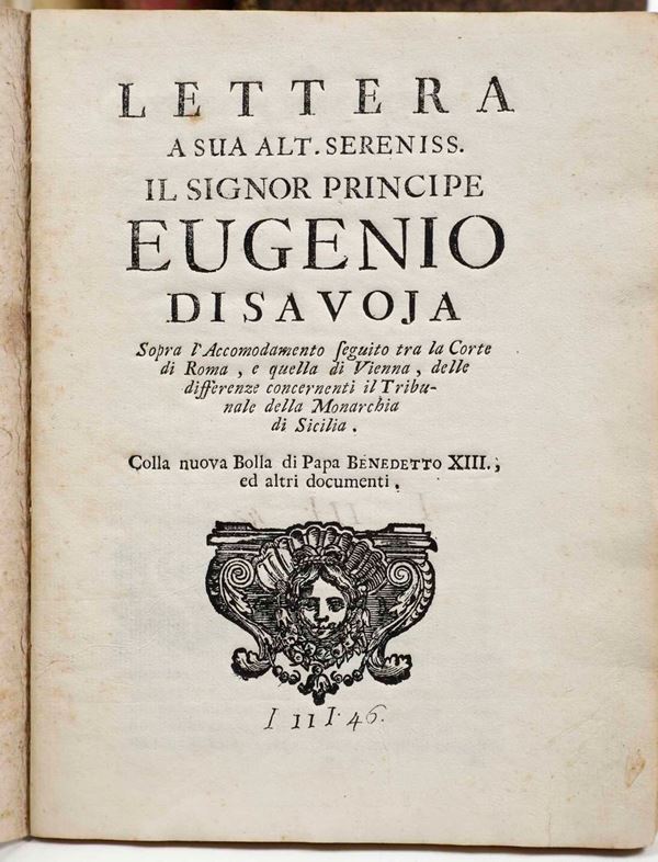 Pietro Perelli Lettera alla sua Alt. Sereniss. il Signor Principe Eugenio di Savoja..., stampato probabilmente a Roma nel 1728 -