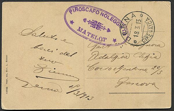 1912/13, due cartoline della Guerra Italo-Turca: una da Stampalia del 5 ottobre 1912 per Genova,