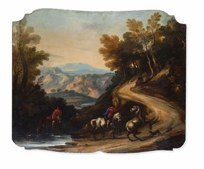 Scuola del XVIII secolo, Paesaggio fluviale con due cavalieri, olio su tela sagomata