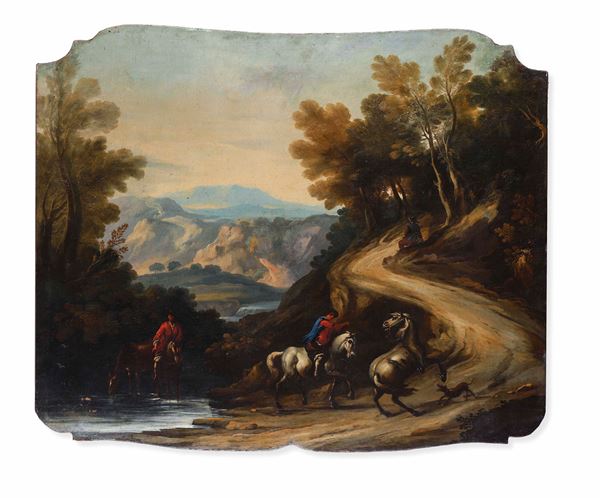 Scuola del XVIII secolo Paesaggio fluviale con due cavalieri