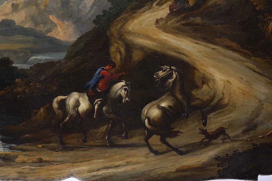 Scuola del XVIII secolo, Paesaggio fluviale con due cavalieri, olio su tela sagomata