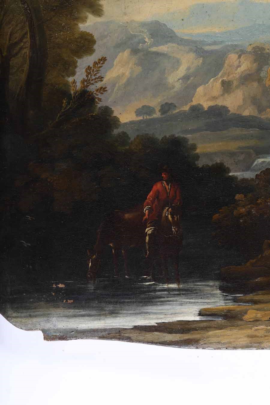 Scuola del XVIII secolo, Paesaggio fluviale con due cavalieri, olio su tela sagomata