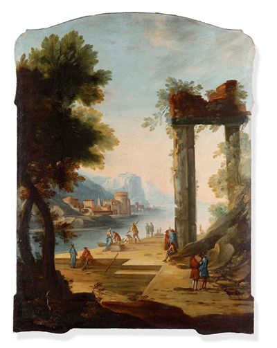 Scuola del XVIII Secolo Paesaggio con Rovine e Figure in Riva a un Fiume