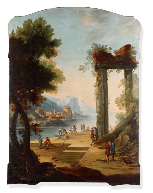 Scuola del XVIII secolo Paesaggio con rovine e figure in riva a un fiume