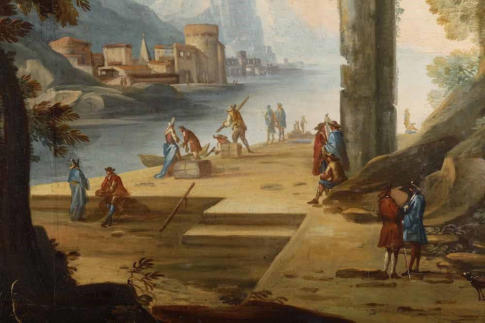 Scuola del XVIII Secolo Paesaggio con Rovine e Figure in Riva a un Fiume