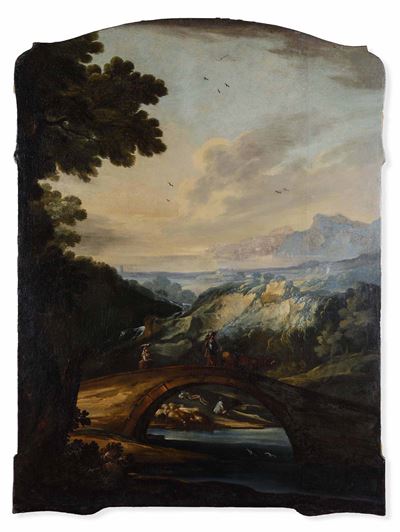 Scuola del XVIII secolo, Paesaggio fluviale con ponte e pastori, olio su tela sagomata