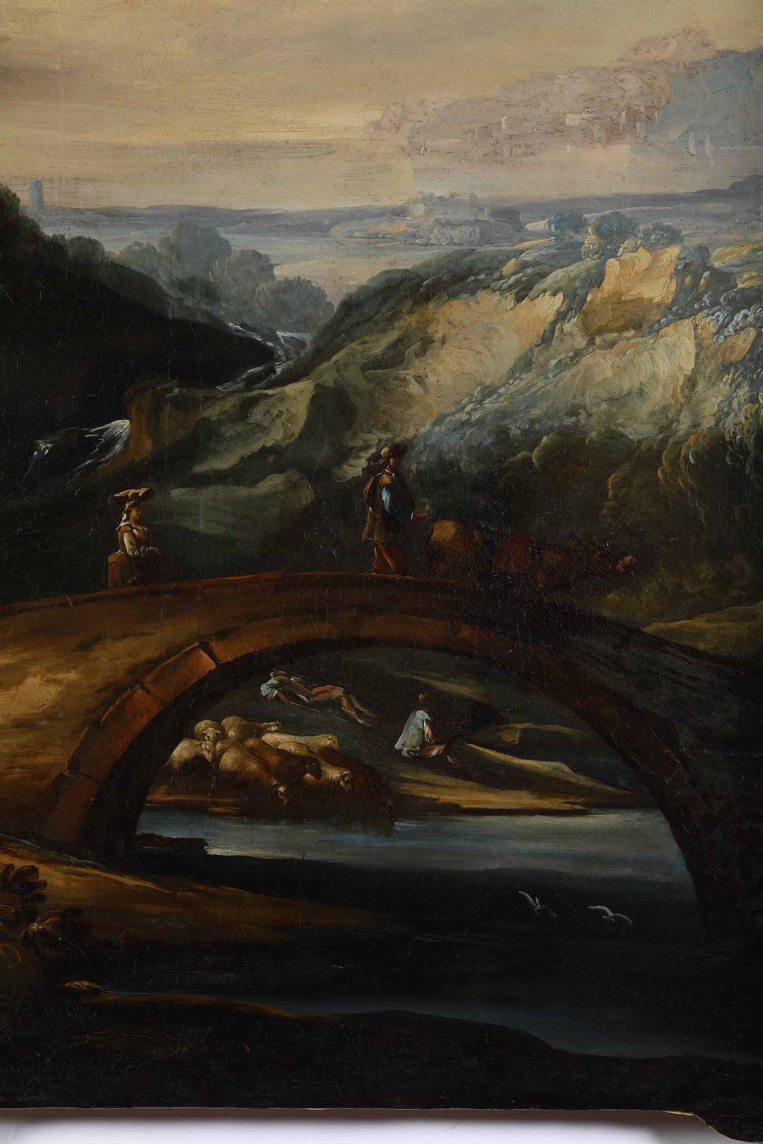Scuola del XVIII secolo, Paesaggio fluviale con ponte e pastori, olio su tela sagomata